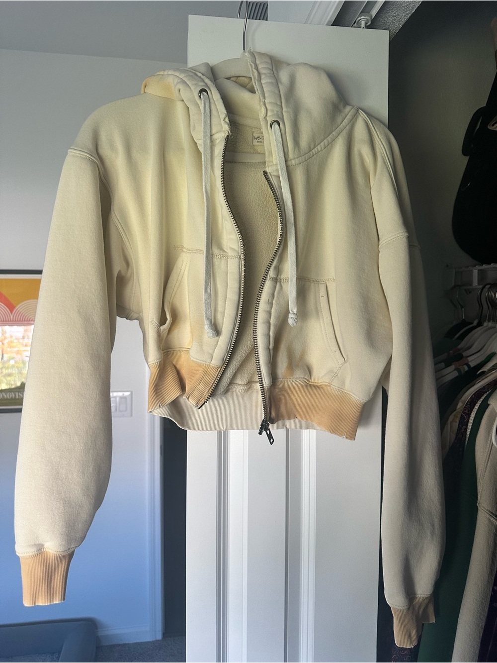 We the Free Cropped Cream Zip-Up Hoodie with Yellow Dip Dye